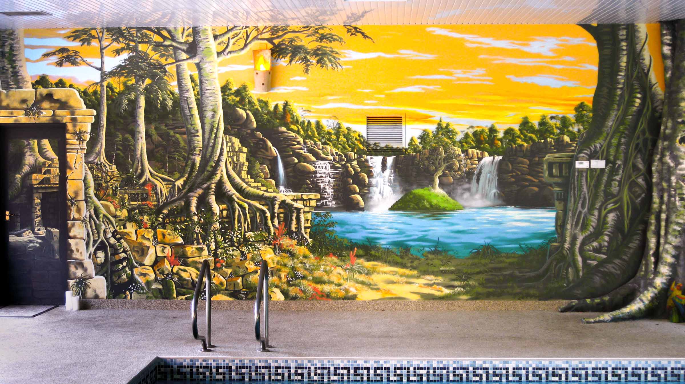 Mural end wall showing turquoise oasis and hidden door in the ruins