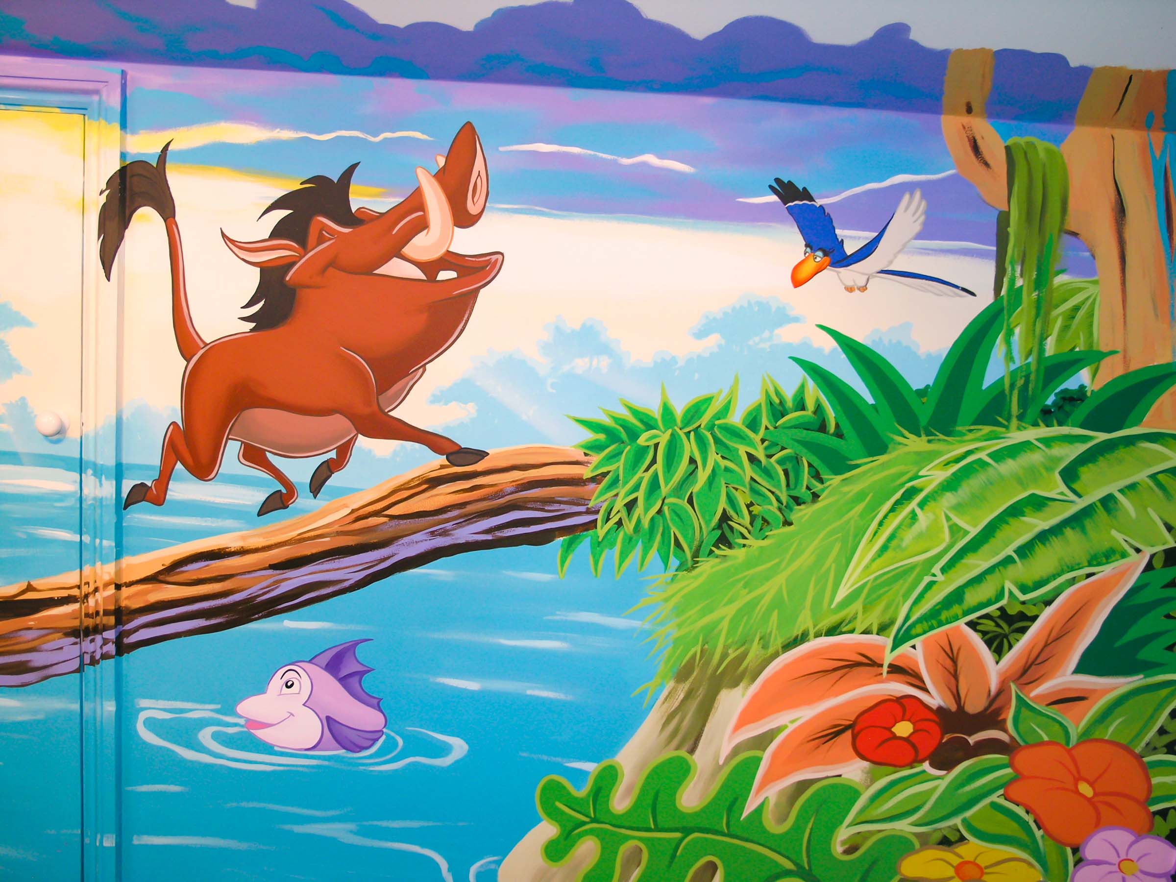 Close up of Young Simba and Timon crossing the lake on a log with the sun's rays and turqouise jungle behind