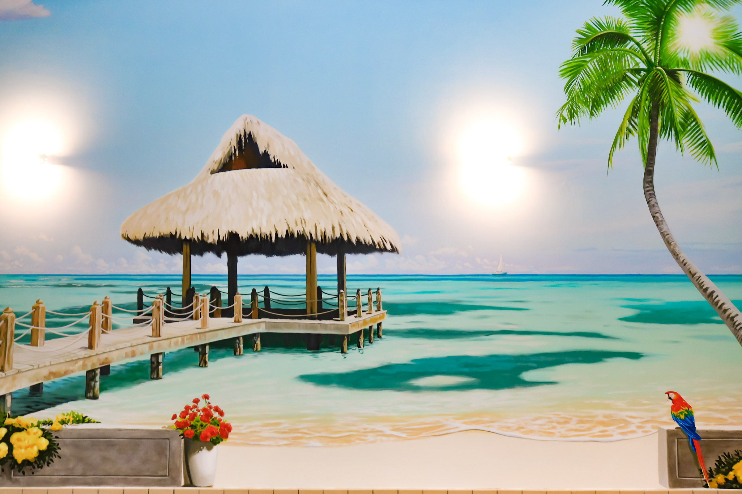 Caribbean Islands Mural around private indoor pool in the UK