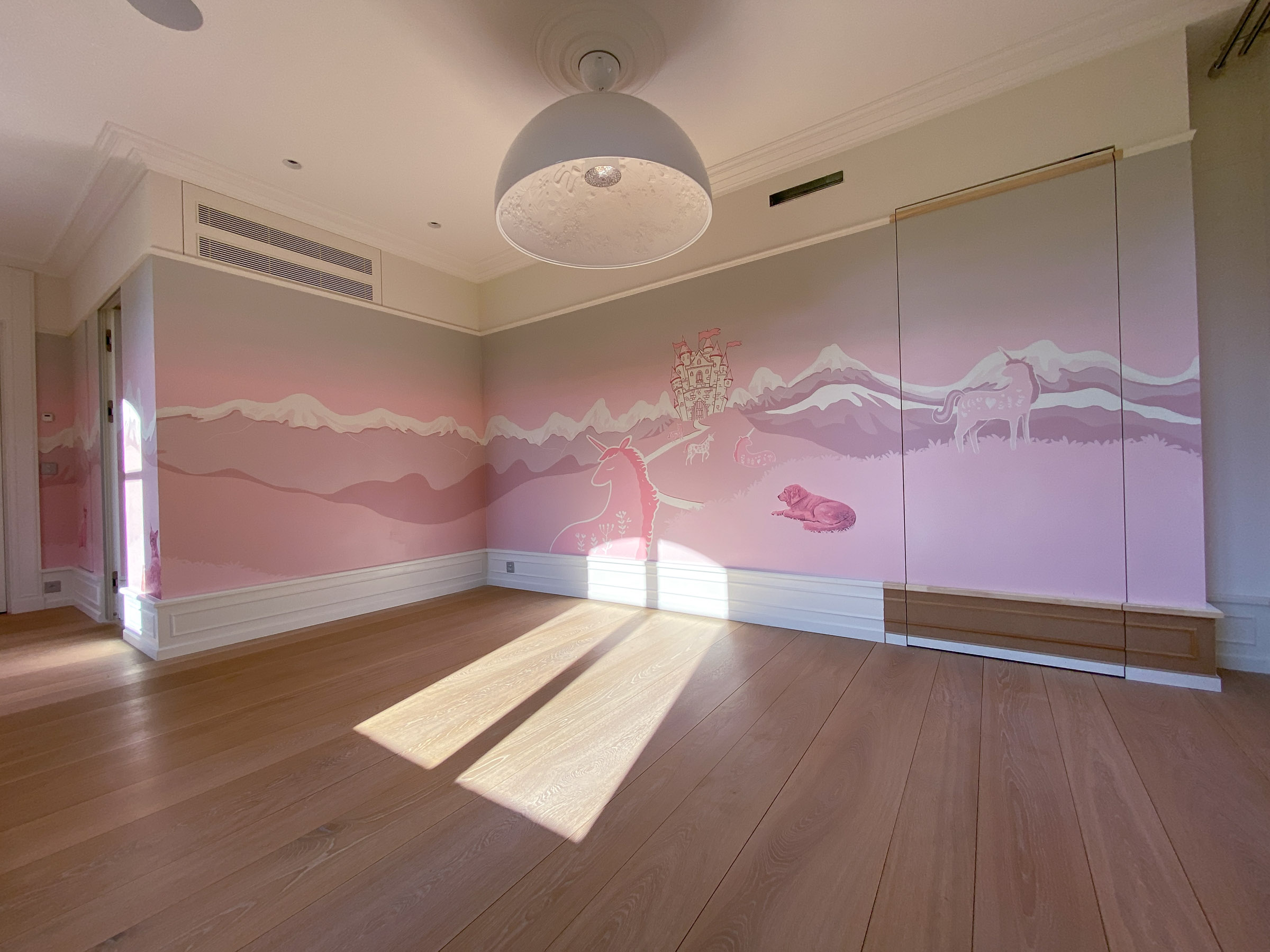 Girl's bedroom mural. Layout of the walls, en-suite to the left, newly added cloakroom behind the wall to the right, hence the unfinished panelling, to be completed by the carpenter