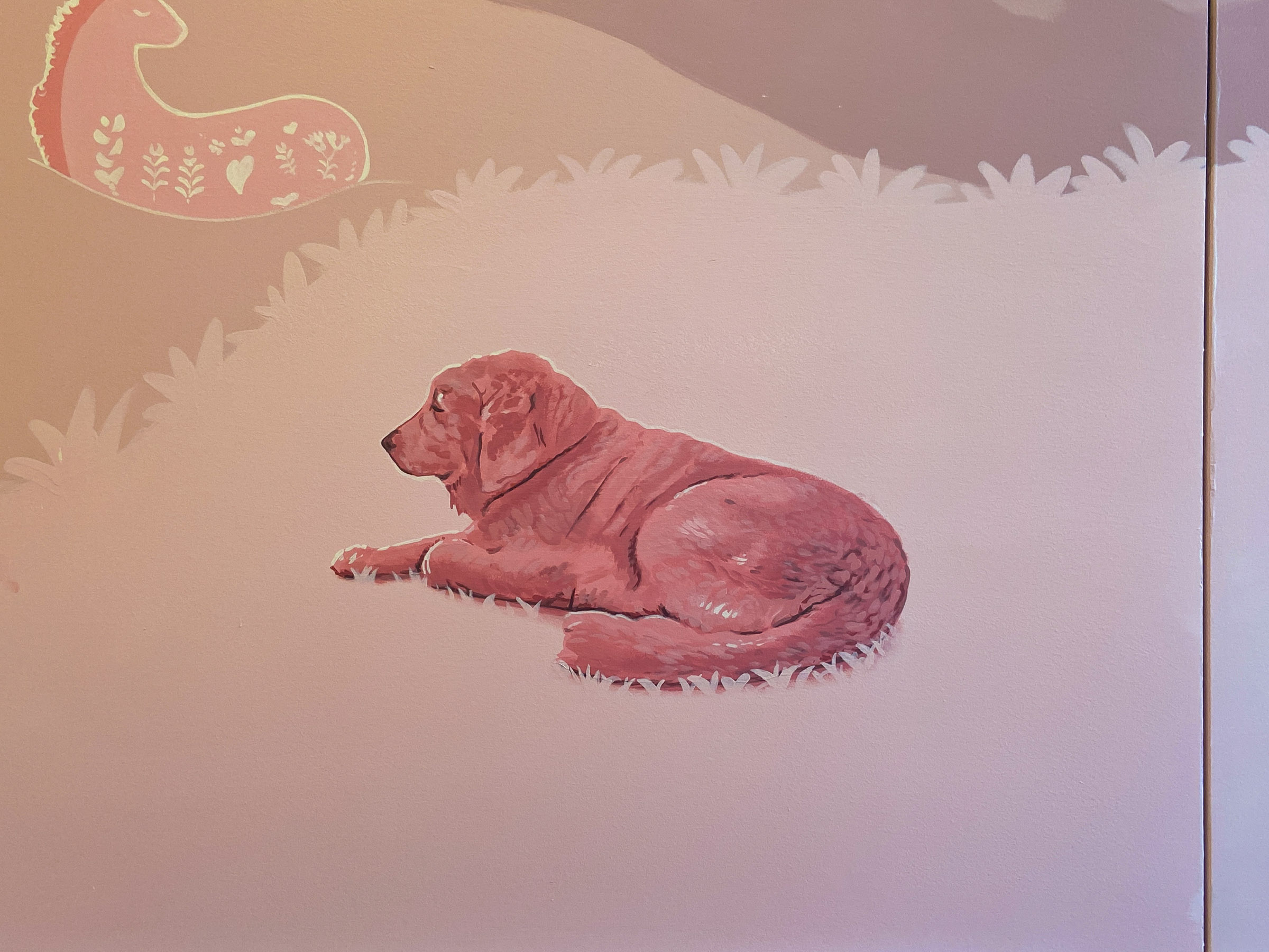 The client's pretty dog painted on the bedroom Mural