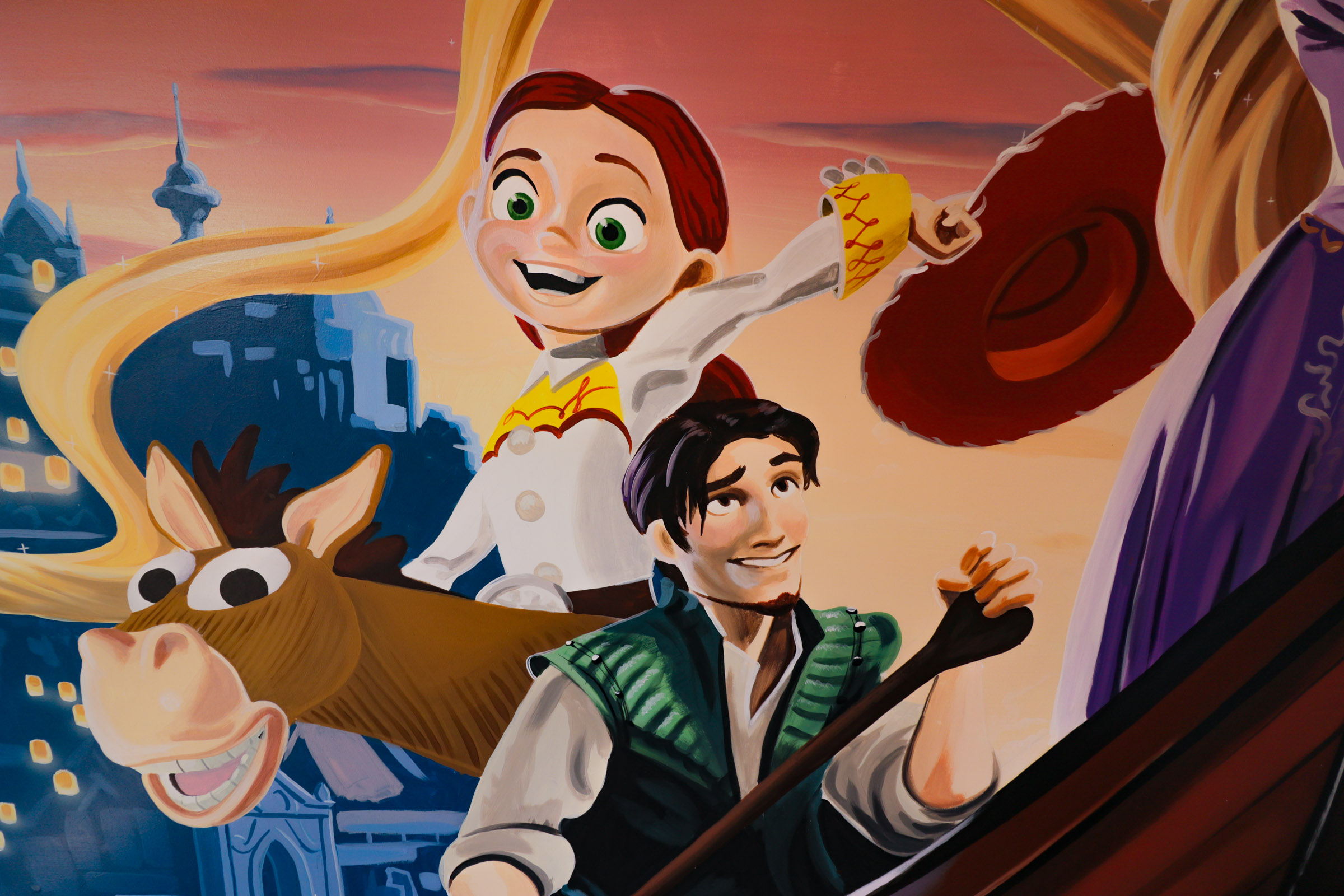Jessie and Bullseye squeezed onto the boat behind Flynn Rider